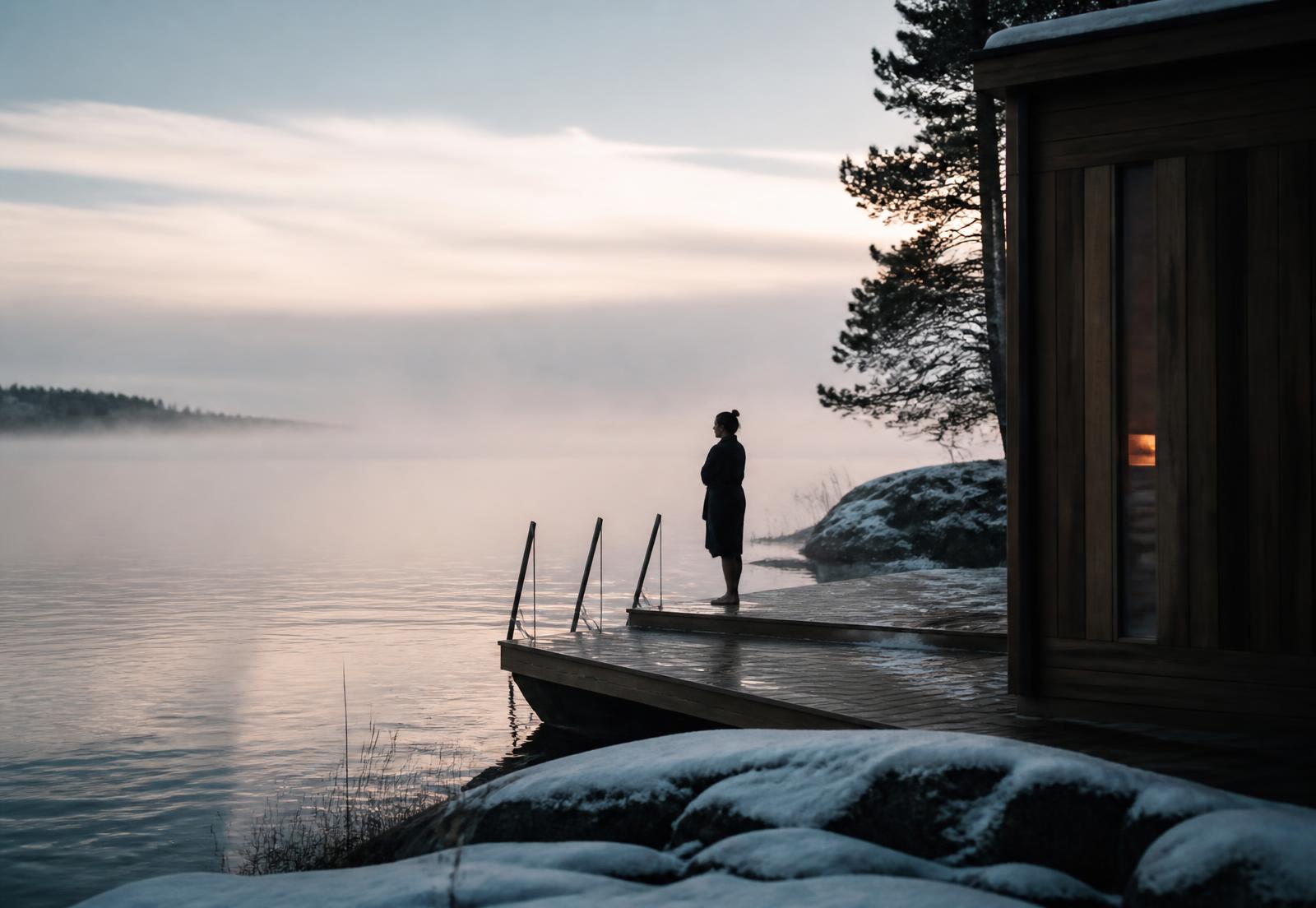A lakeside sauna in winter